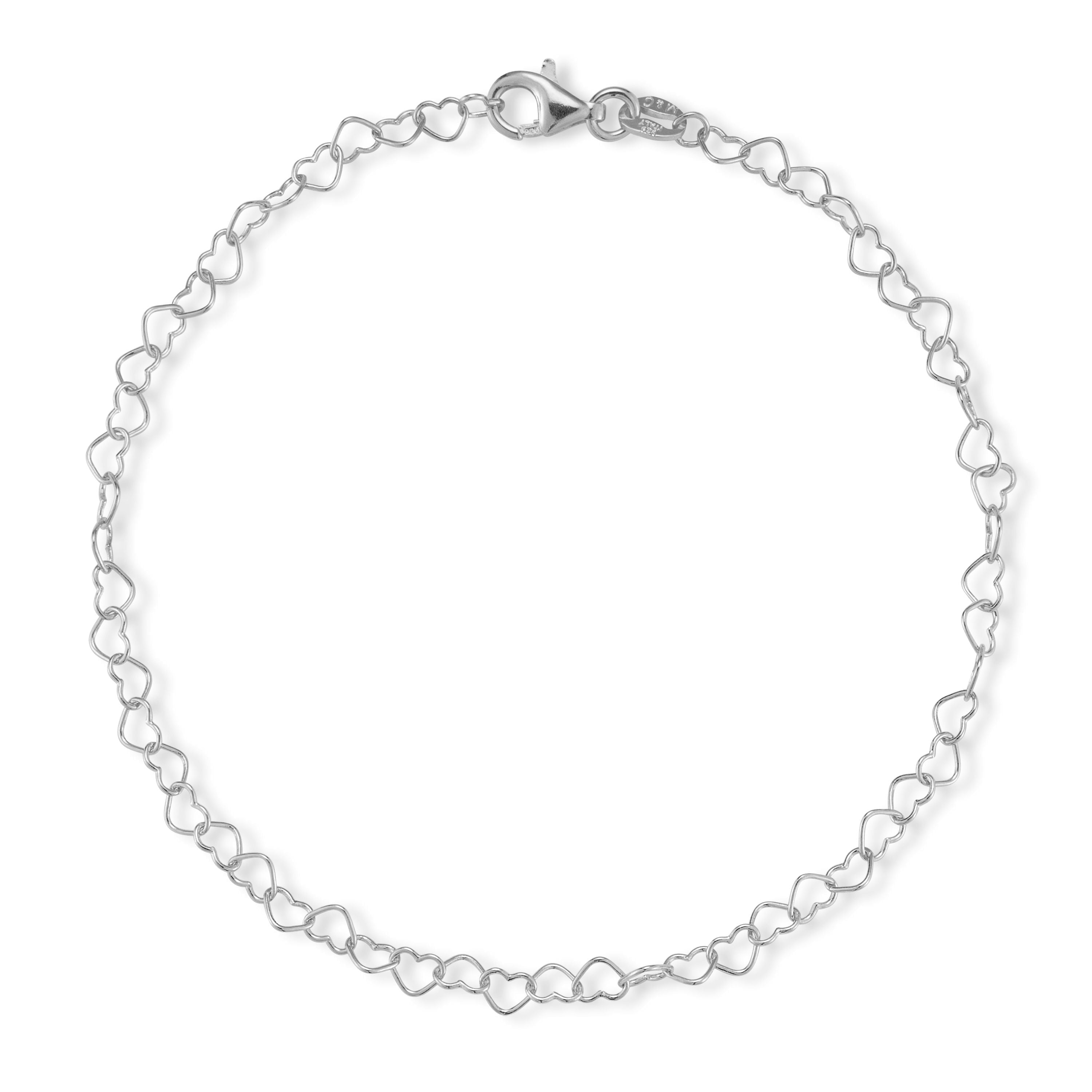 Adesso Milano Jewelry Italian Sterling Silver Heart Link Chain Anklet for Women, Made in Italy, Silver, 9"