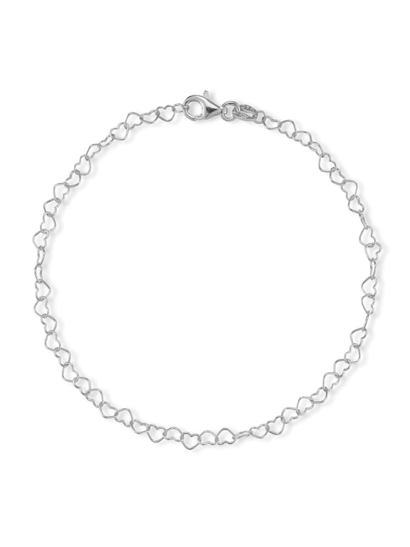 Jewelry Italian Sterling Silver Heart Link Chain Bracelet for Women, Made in Italy, Silver, 7"
