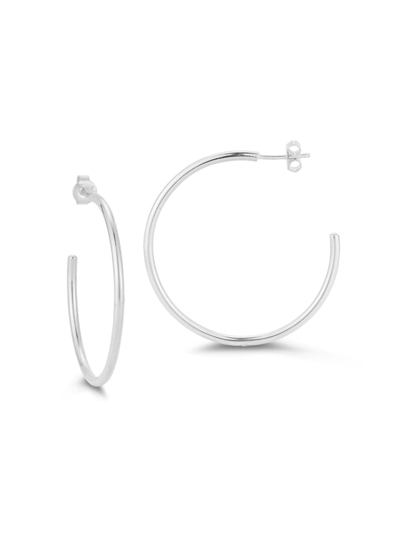 Jewelry Sterling Silver 2mm Thin Tube Hoop Earrings for Women, 1.5" Diameter, Silver