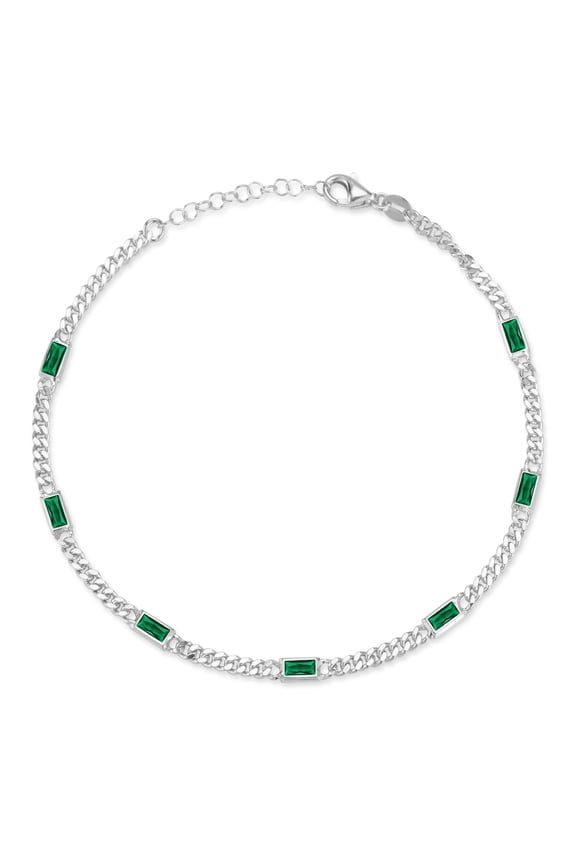 Jewelry Sterling Silver Curb Chain Anklet for Women with Baguette CZ Stones, Womens Ankle Bracelets