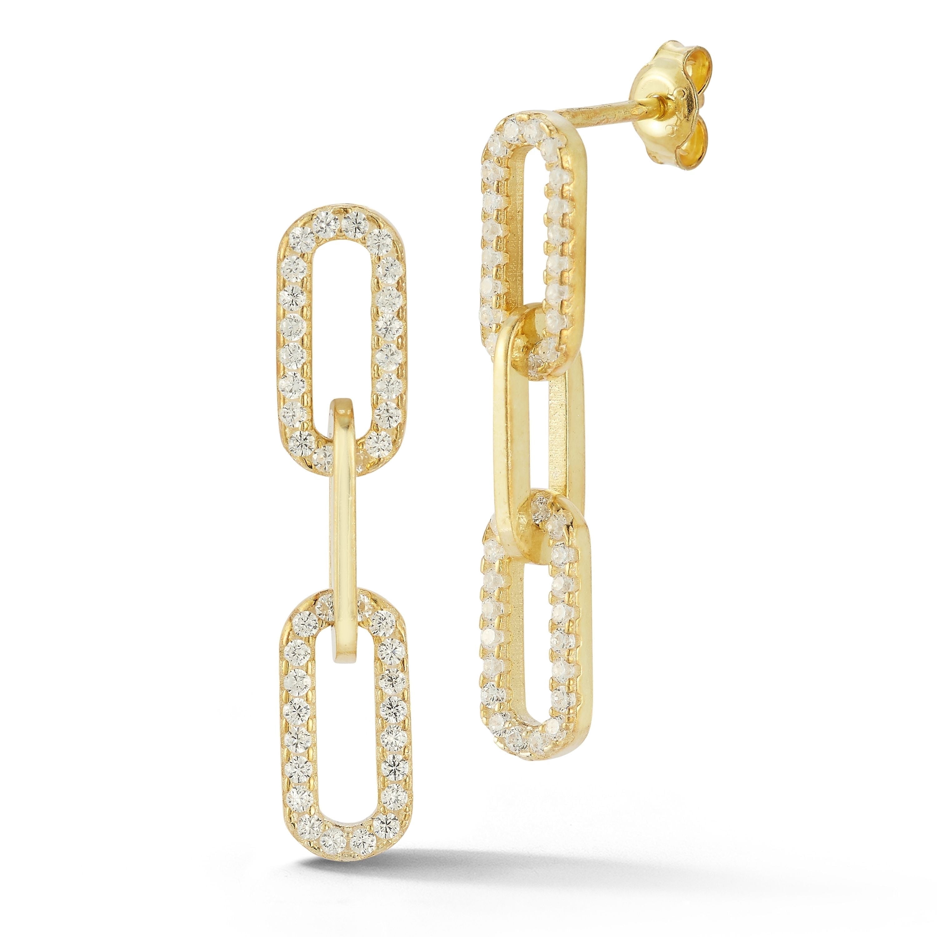 Adesso Milano Jewelry Sterling Silver Paperclip Link Drop Earrings with Cubic Zirconia Stones for Women, Gold, 3 Links