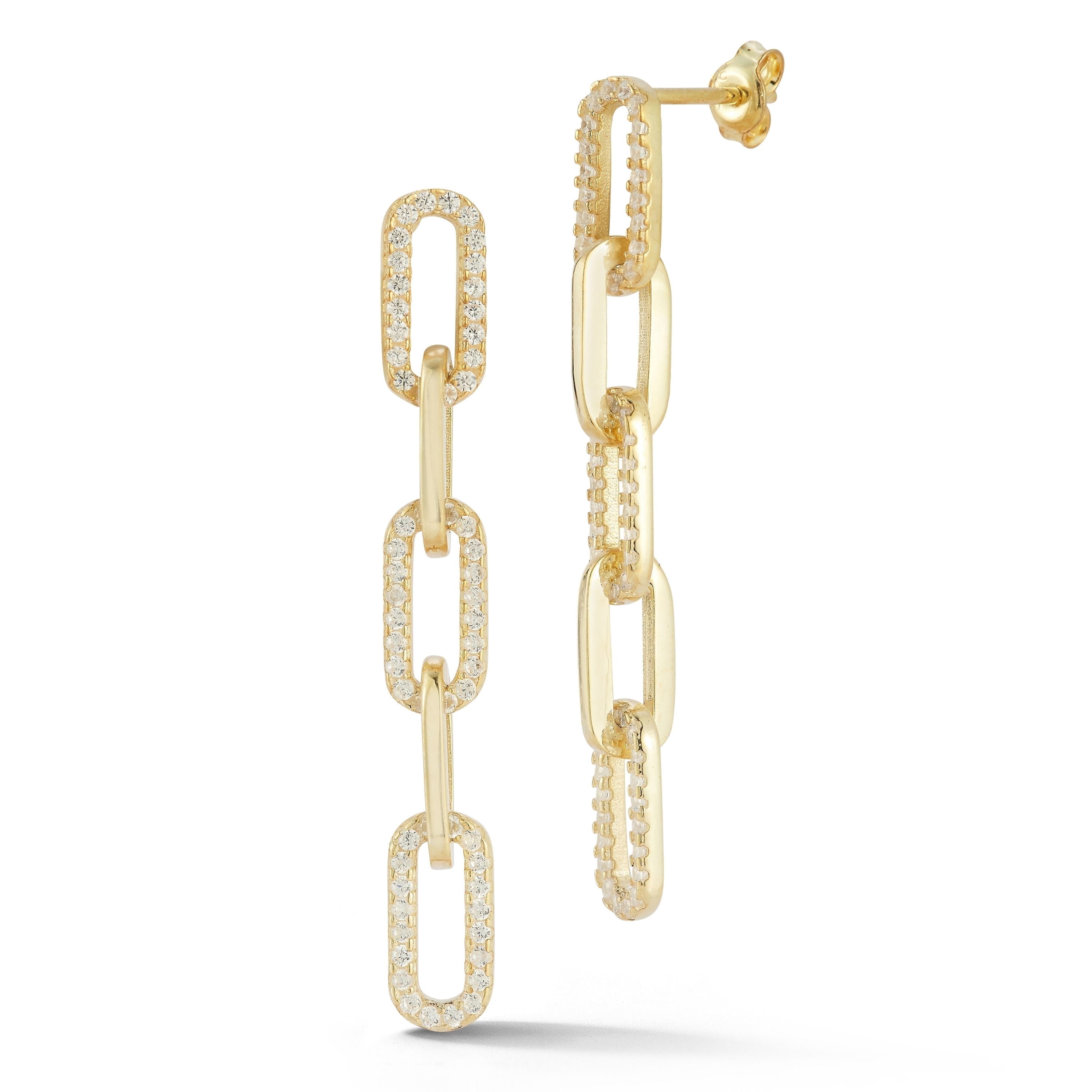 Adesso Milano Jewelry Sterling Silver Paperclip Link Drop Earrings with Cubic Zirconia Stones for Women, Gold, 5 Links