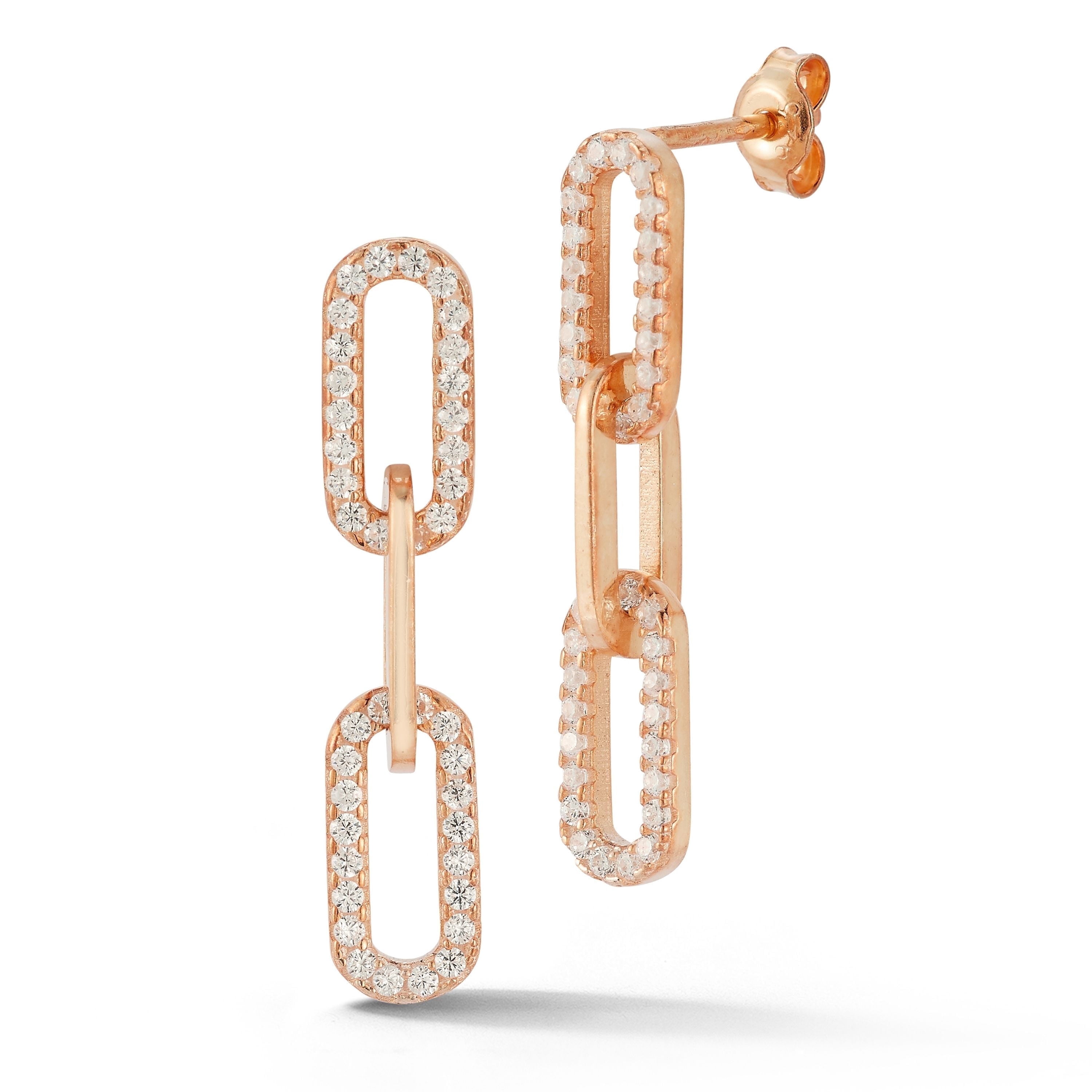 Adesso Milano Jewelry Sterling Silver Paperclip Link Drop Earrings with Cubic Zirconia Stones for Women, Rose Gold, 3 Links