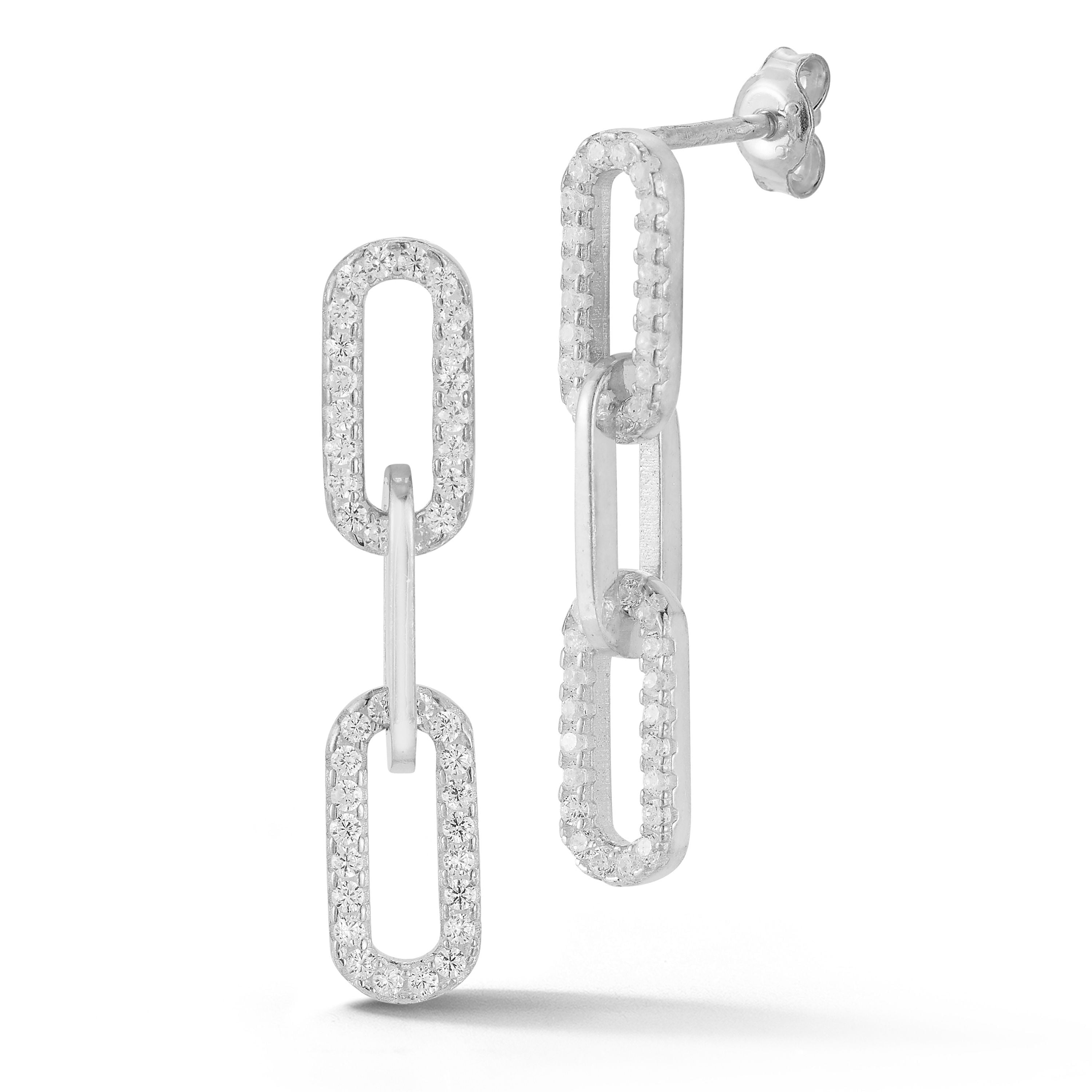 Adesso Milano Jewelry Sterling Silver Paperclip Link Drop Earrings with Cubic Zirconia Stones for Women, Silver, 3 Links