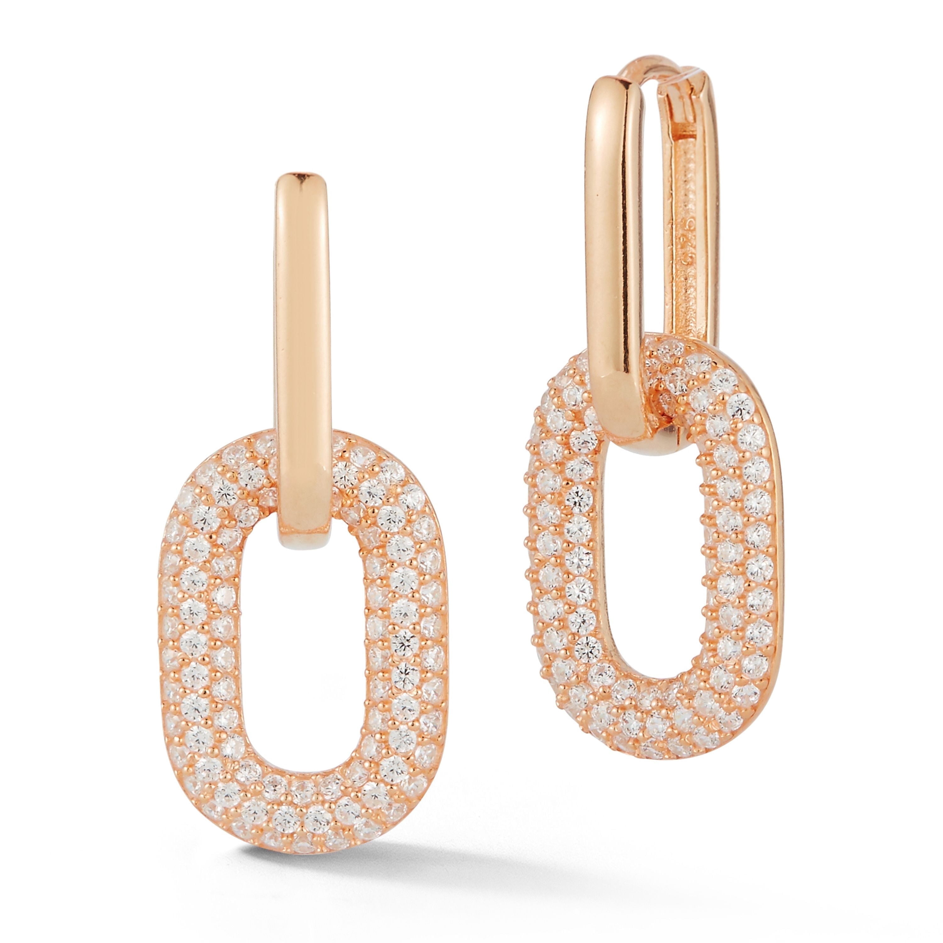 Adesso Milano Jewelry Sterling Silver Paperclip Link Drop Earrings with Cubic Zirconia for Women, Rose Gold