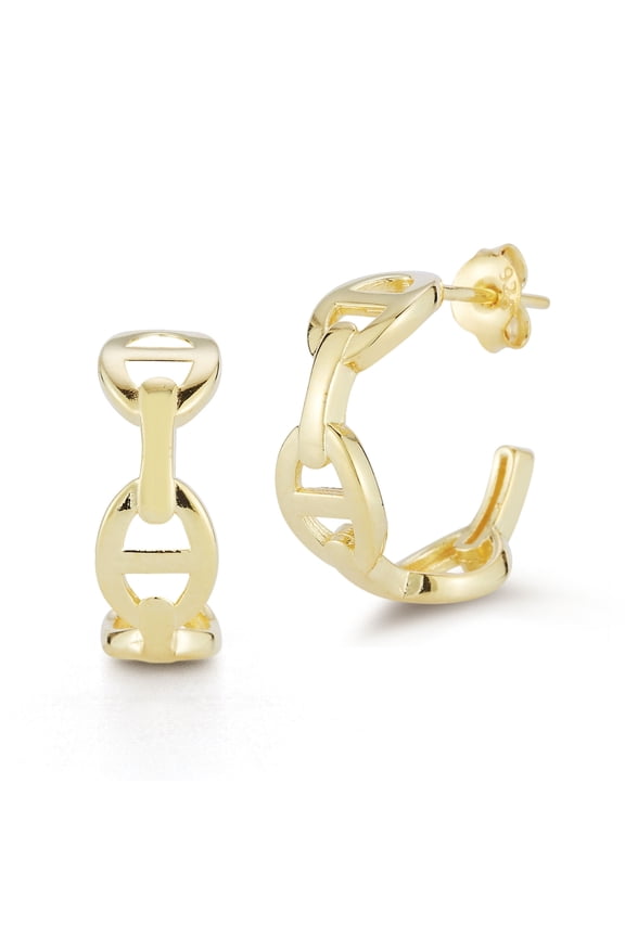 Sterling Silver Small Mariner Link Chain Hoop Earrings for Women, Gold