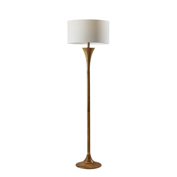 Adesso Rebecca Floor Lamp Natural Rubberwood Base with Antique Brass Accent, Wood Base, White Textured Fabric Shade