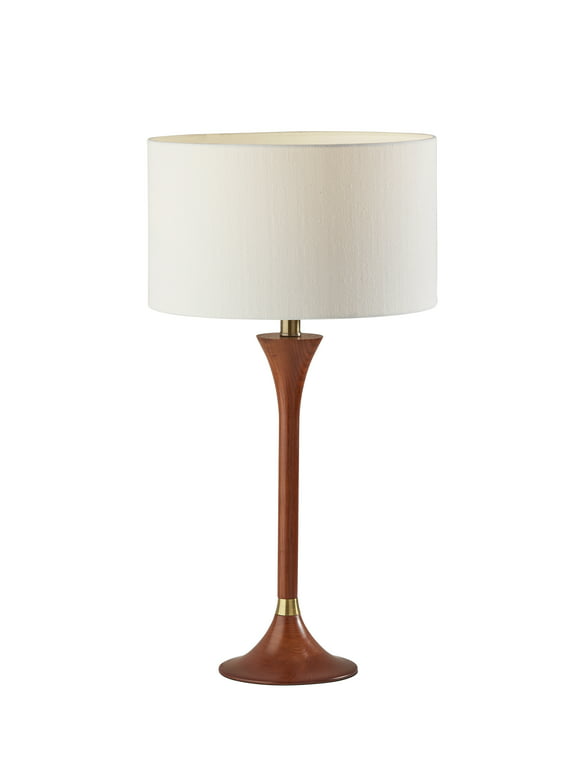 Adesso Rebecca Table Lamp, Walnut Rubber Wood Base with Antique Brass Accent, Wood Base, White Textured Fabric Shade