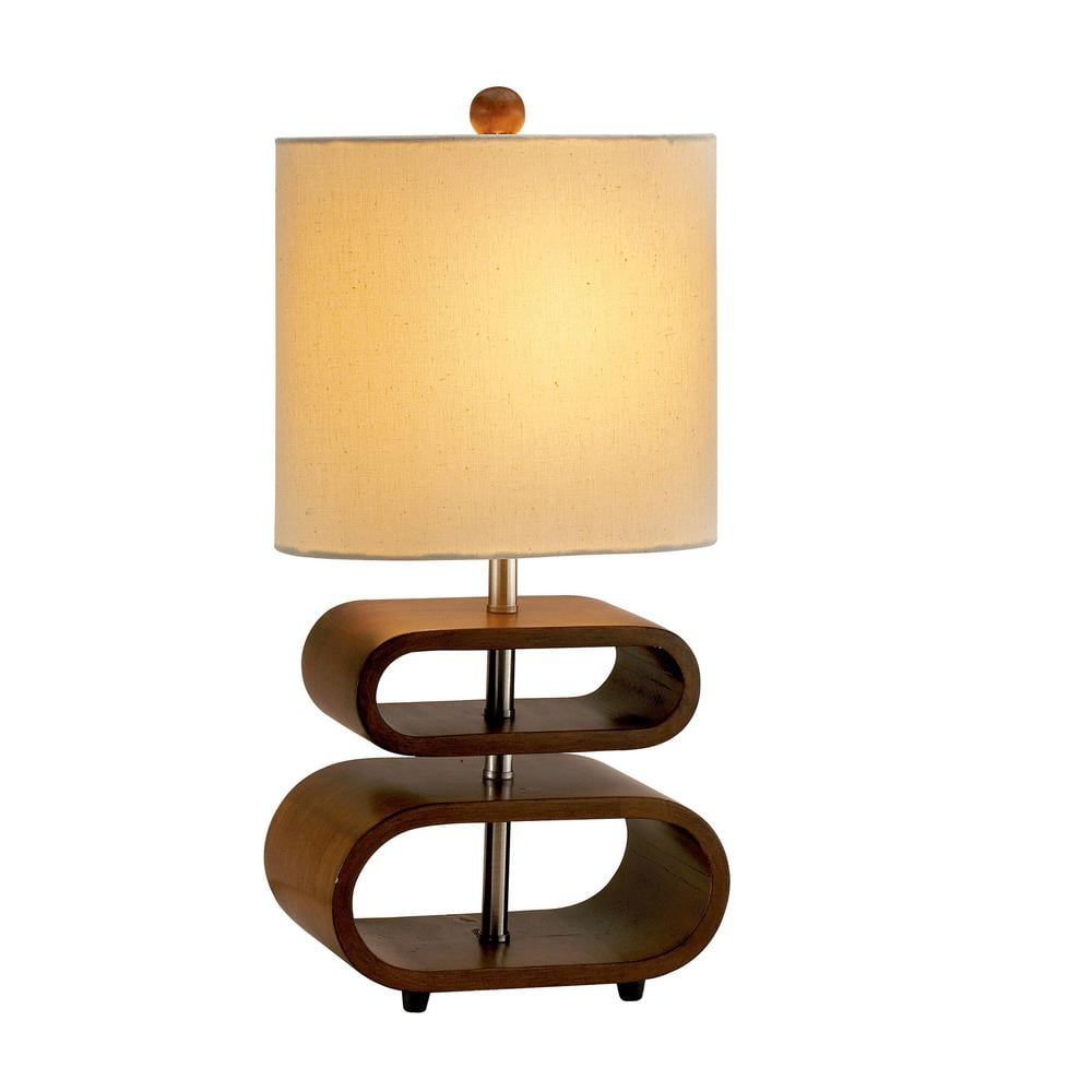 Walnut and Natural Fabric Oval Table Lamp with 3-Way Switch
