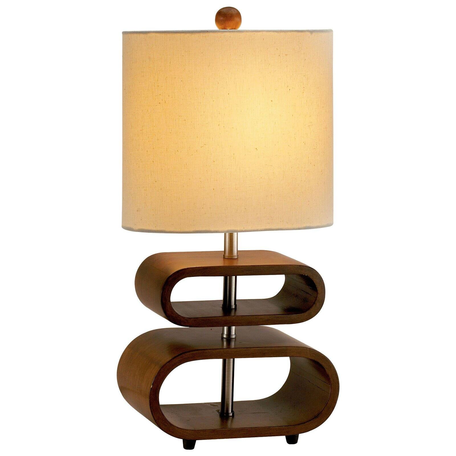 Walnut and Natural Fabric Oval Table Lamp with 3-Way Switch