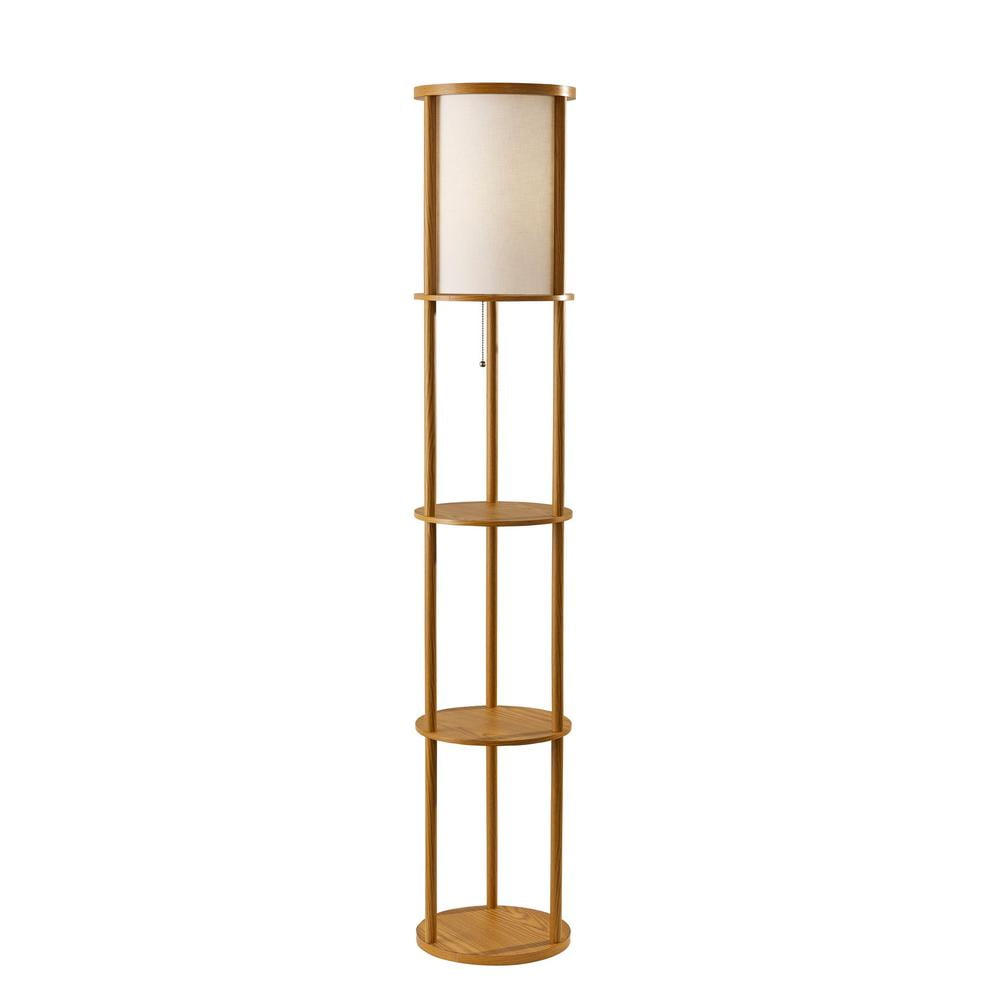 Scandinavian Modern Off-White & Natural Wood Shelf Floor Lamp
