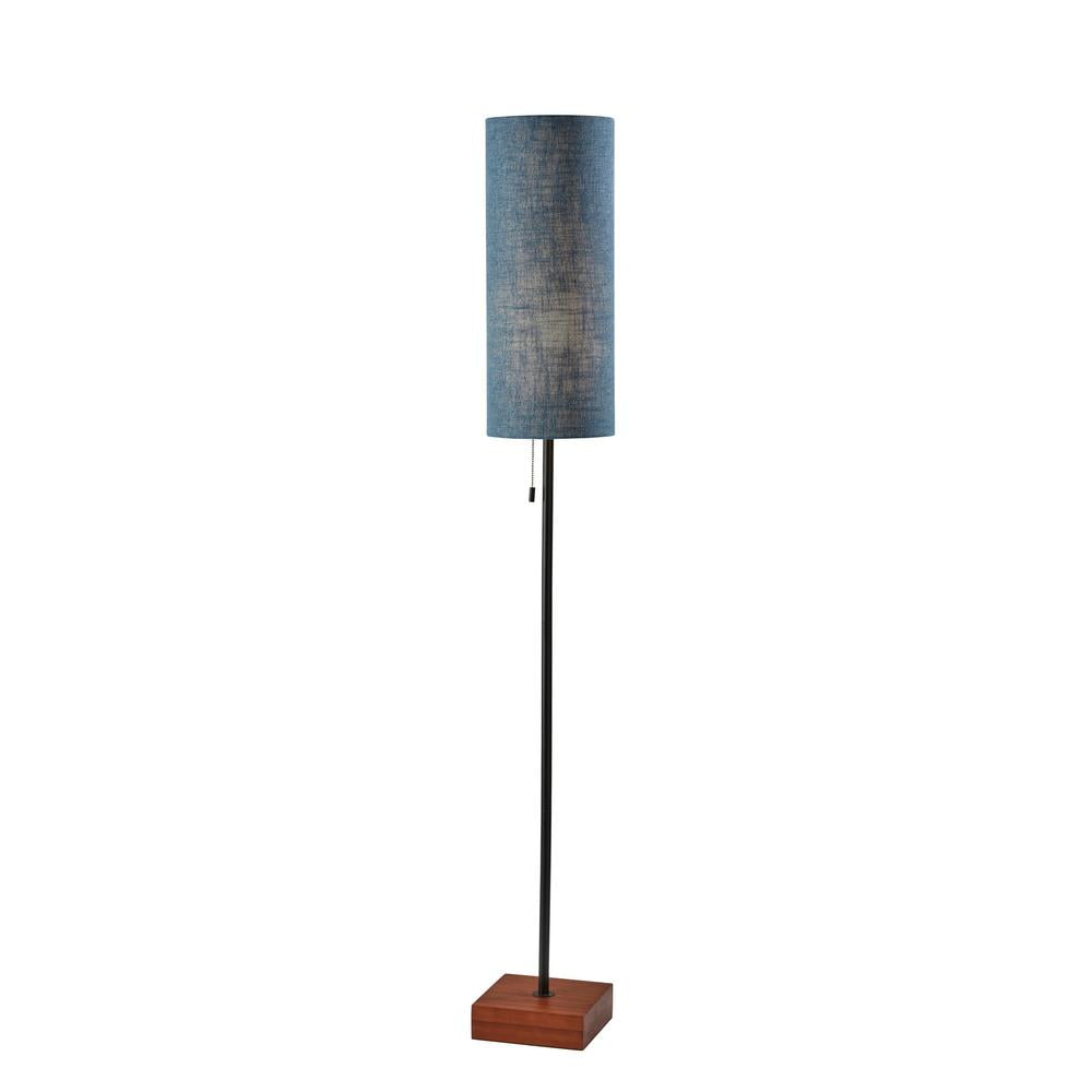 Adesso Trudy Floor Lamp, Black, Wood Base, Textured Blue Fabric Shade