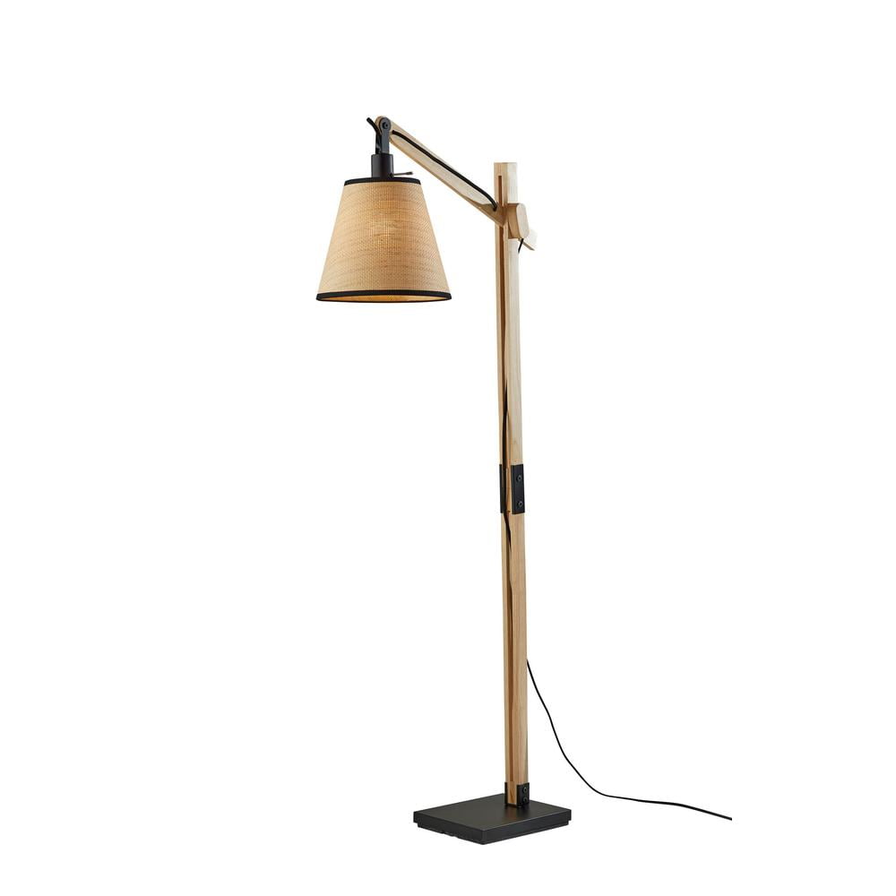 Adjustable Black Metal and Natural Wood Floor Lamp