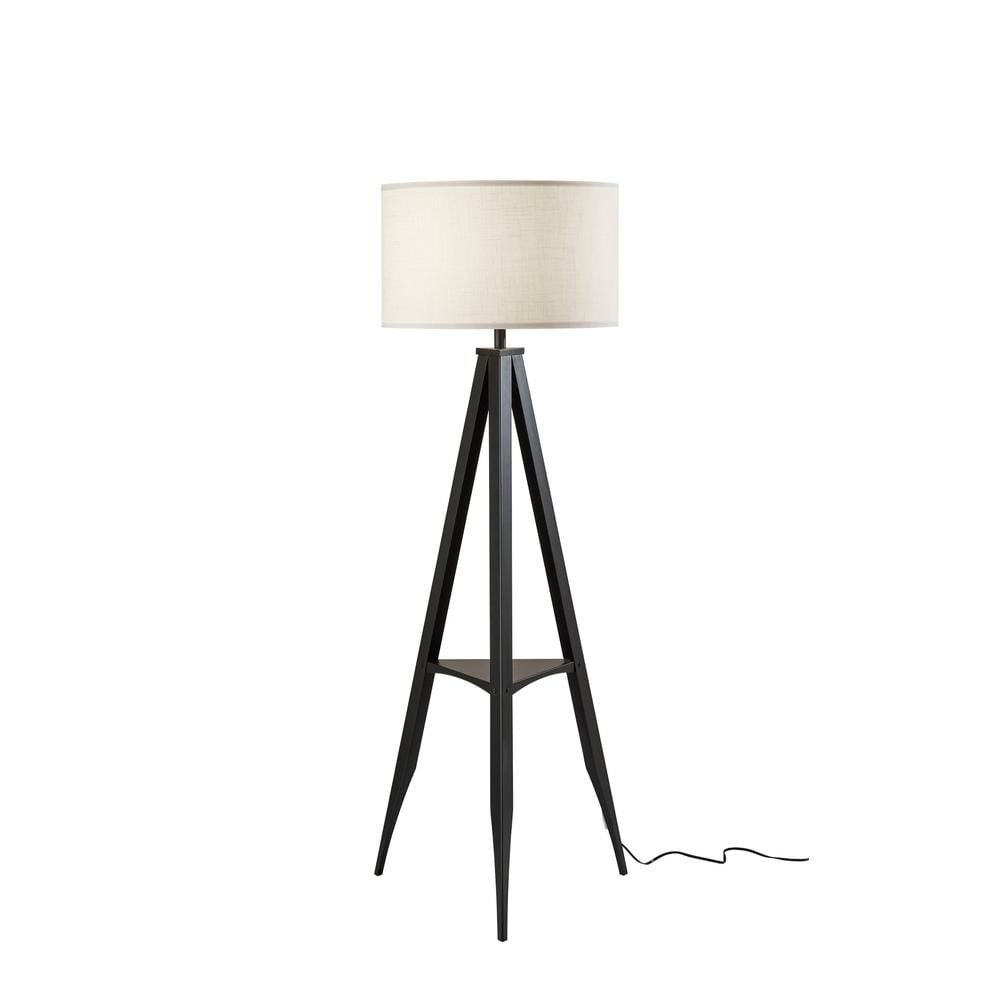 Black Metal Tripod Floor Lamp with Off-White Shade and Shelf