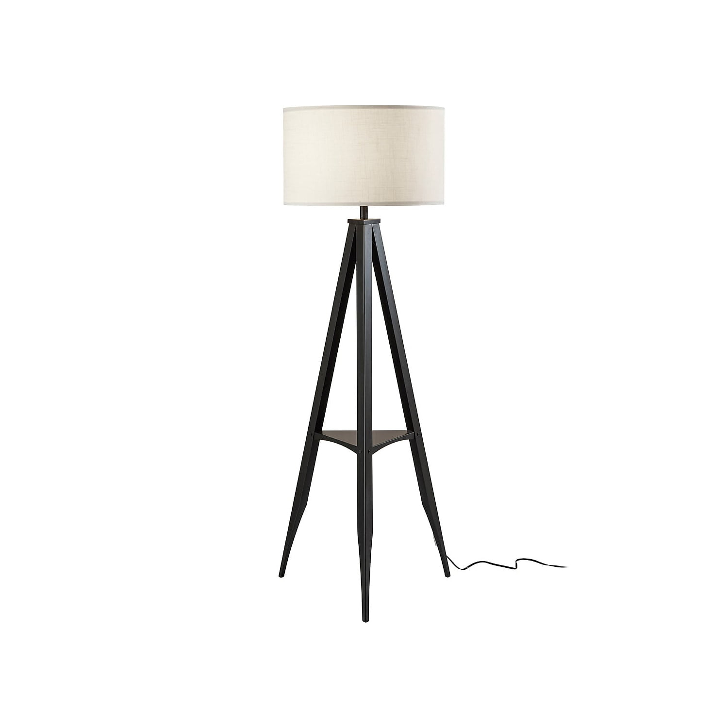 Black Metal Tripod Floor Lamp with Off-White Shade and Shelf