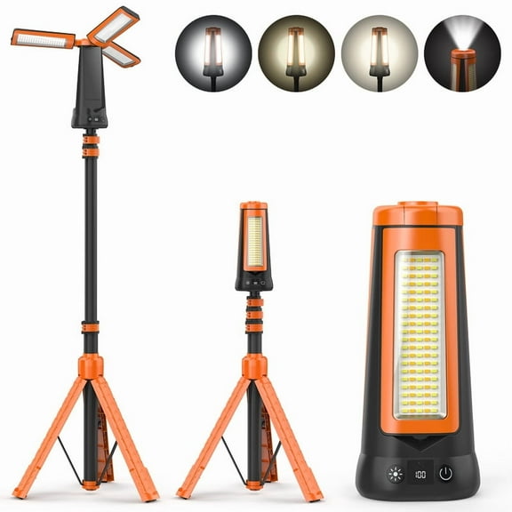 Adewalk Rechargeable LED Work Light with Stand, 15000 mAh Dimmable Cordless Work Light with 3 LED Lamp Heads, Camping Essentials Gear Emergency Flashlight with Detachable Tripod