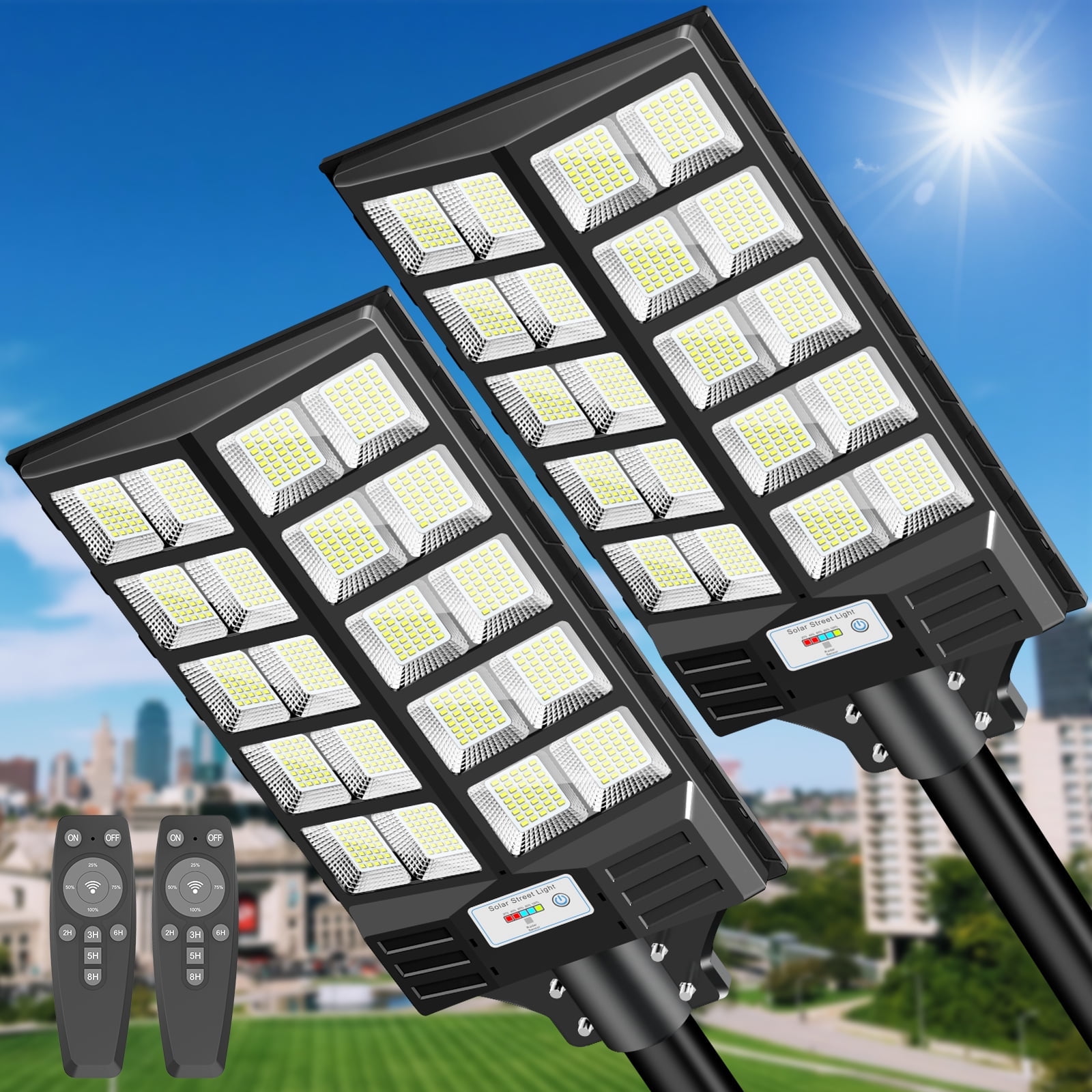 Adewalk Solar Street Lights 4000W 2 Packs, Bigger Size Higher Brightness, Outdoor Dusk to Dawn with Remote Control and Motion Sensor, Waterproof IP66 for Parking Lot