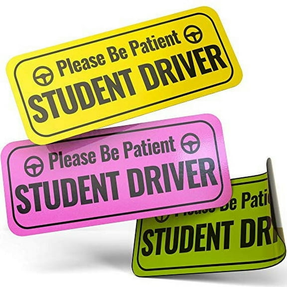 Adheisign Student Driver Magnet | Removable “Please Be Patient” Reflective New Driver Sticker Decal for Car with Strong Adhesive Magnet, Large Driving Icons & Cute Round Border | Yellow, Pink & Gr