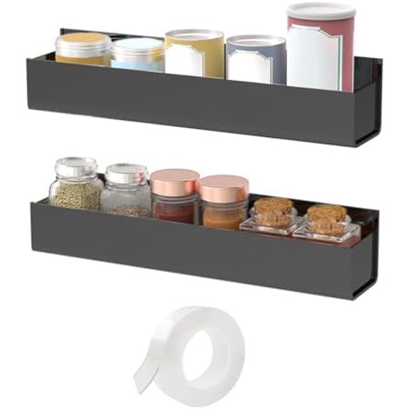 Adhesive Acrylic Spice Rack with Nano Double Sided Tape Wall Mount Organizer, Black Wall Spice Rack With Shelf Ends for Kitchen Cabinet Door - 2 Pack 12‘’ Shelves