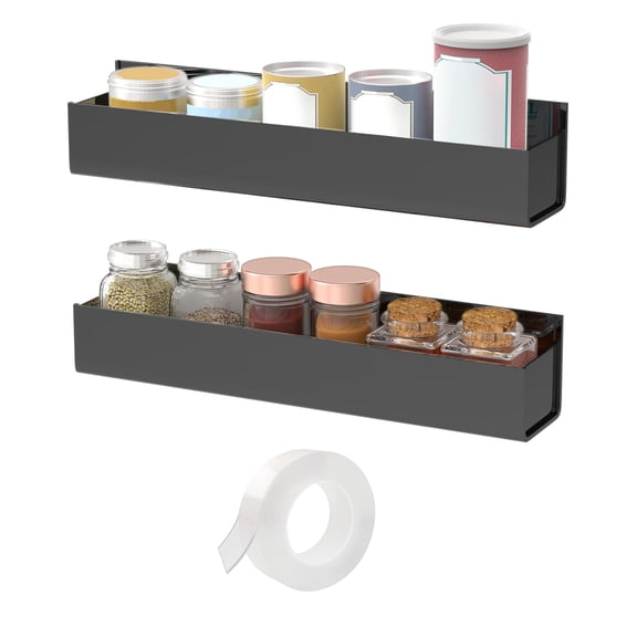 Adhesive Acrylic Spice Rack with Nano Double Sided Tape Wall Mount Organizer Clear Wall Spice Rack With Shelf Ends for Kitchen Cabinet Door - 2 Pack 12‘’ Shelves
