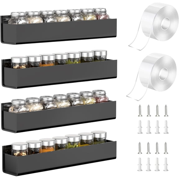Adhesive Acrylic Spice Rack Organizer for Wall with Nano Double Sided Tape, Spice Shelf Organization for Kitchen Cabinet Door/Pantry Door, Wall Mount Seasoning Rack (Black - 4 Pack)