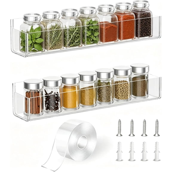 Adhesive Acrylic Spice Rack Organizer for Wall with Nano Double Sided Tape, Spice Shelf Organization for Kitchen Cabinet Door/Pantry Door, Wall Mount Seasoning Rack (Clear-2 Pack)