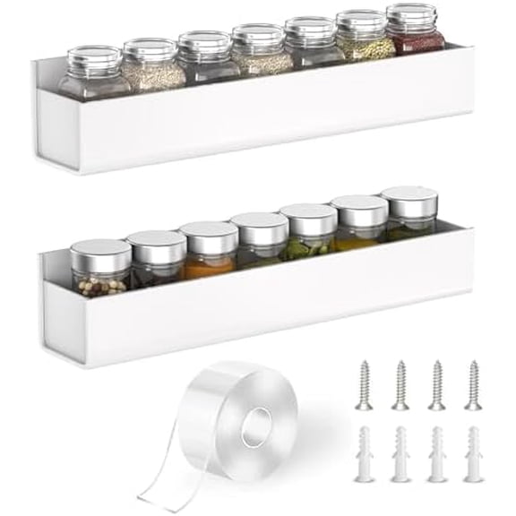 Adhesive Acrylic Spice Rack Organizer for Wall with Nano Double Sided Tape, Spice Shelf Organization for Kitchen Cabinet Door/Pantry Door, Wall Mount Seasoning Rack (White-2 Pack)
