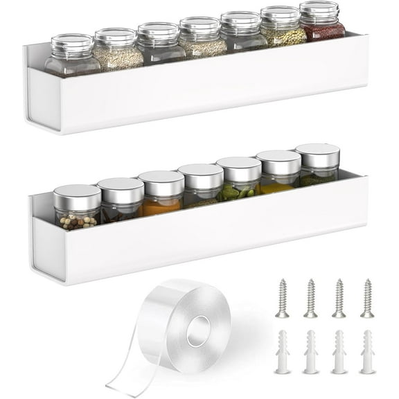 Adhesive Acrylic Spice Rack Organizer for Wall with Nano Double Sided Tape, Spice Shelf Organization for Kitchen Cabinet Door/Pantry Door, Wall Mount Seasoning Rack (White-2 Pack)