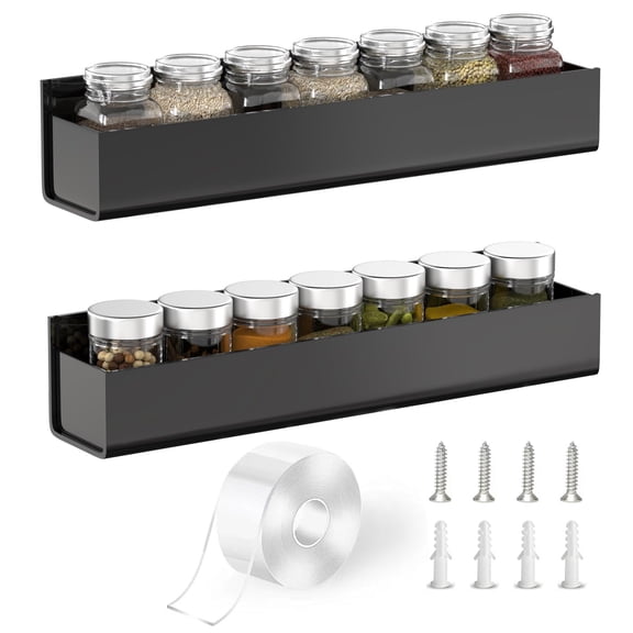 Adhesive Spice Rack Organizer For Wall With Nano Double Sided Tape  Shorganization Kitchen Cabinet Door/pantry Door Mount Seasoning (black-2 Pack)