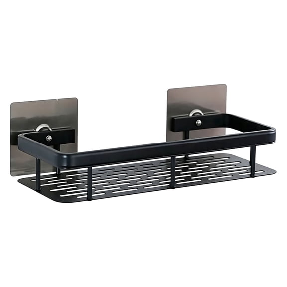 Adhesive Aluminum Shower Shelf, 11.8 Inch Matte Black Wall Rack with Ventilated Slots, Holds Shampoo & Toiletries, Stick-On Install Leaves No Holes in Tile Or Glass, 1 Rectangular Carbon Steel Shelf