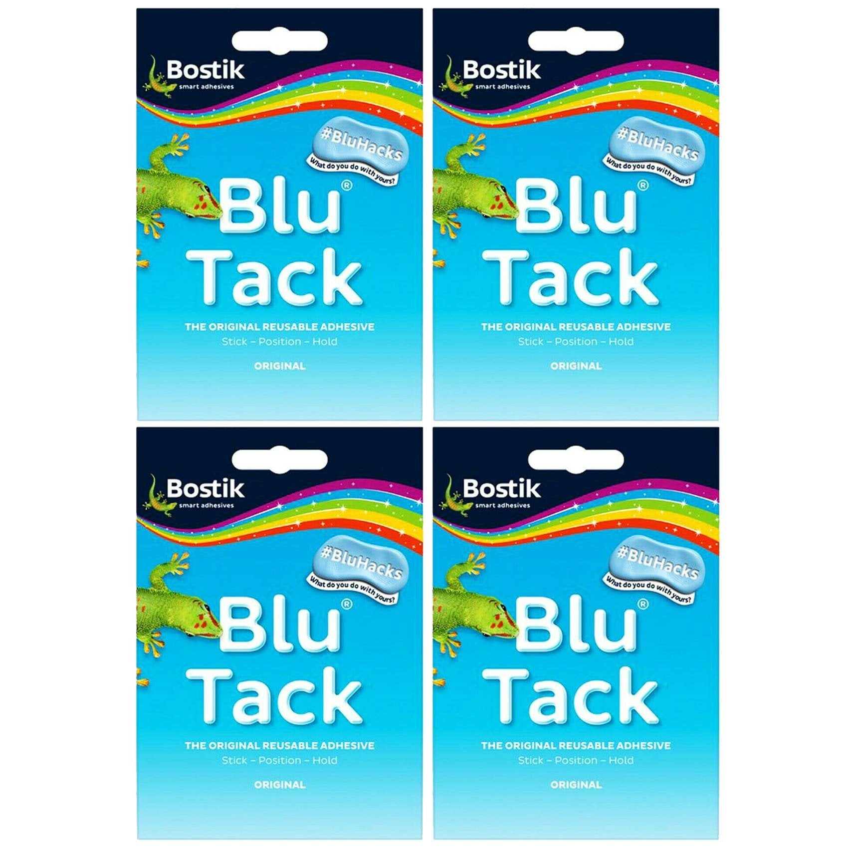 Adhesive BLU TACK Original Bostik Reusable Sticky Blue Home School Office Walls Hacks NO Marks Safe Craft Art Clean Handy, Alternative to Pins & Tape, DIY Strong Hold Stretching 4 x Packs BLU TACK