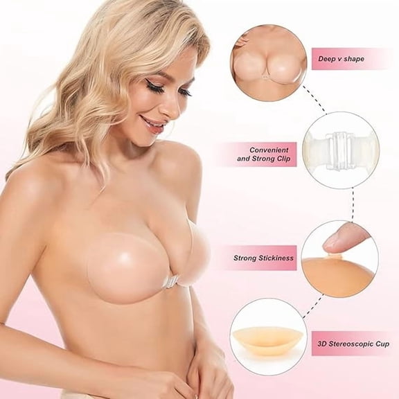 Adhesive Bra Strapless Sticky Invisible Push up Silicone Bra for Backless Dress, Ivory Nude, B