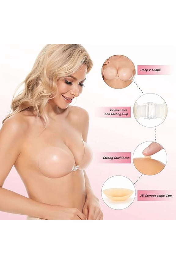 Adhesive Bra Strapless Sticky Invisible Push up Silicone Bra for Backless Dress, Ivory Nude, B