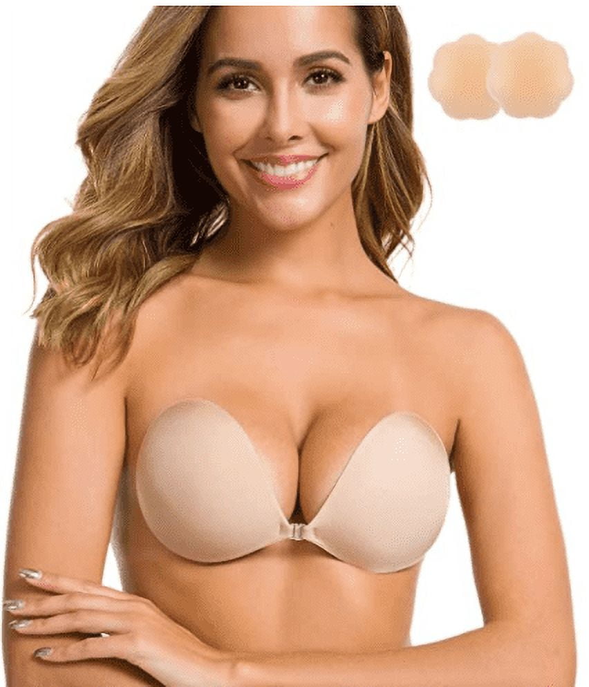 Heldig Adhesive Bra Strapless Sticky Invisible Push up Silicone Bra for  Backless Dress with Nipple Covers NudeB