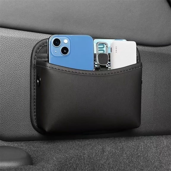 Adhesive Car Storage Pocket and Phone Holder Universal Leather Console Side Organizer Bag Black Black