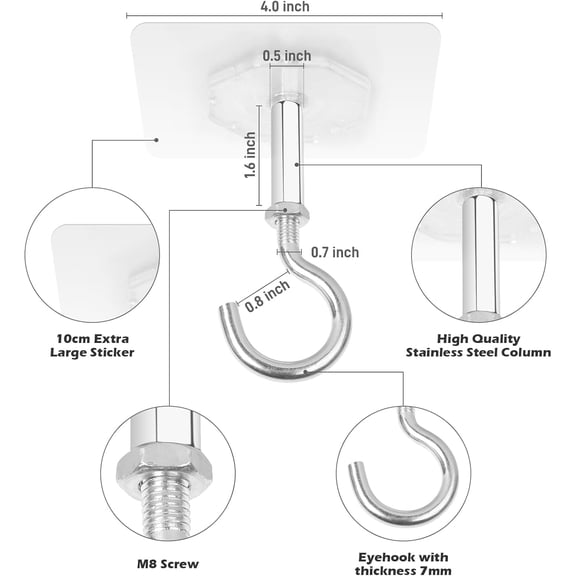 Adhesive Ceiling Hooks, 4 Pack 30lbs Super Heavy Duty for Hanging Plants, Command 3M Ceiling Hooks, Strong No Drill Outdoor Sticky Ceiling Hanger, Stick On Hooks for Lights,Wind Chimes,Lantern