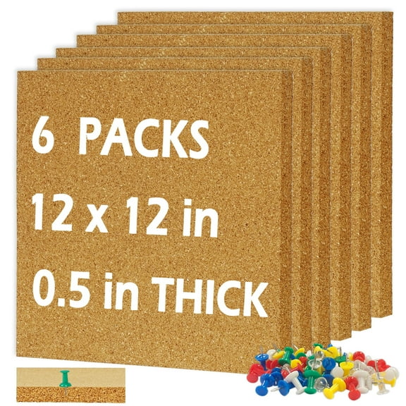 Adhesive Cork Board Tiles 6 Packs Cork Bulletin Board 12" x 12", Thick Frameless Corkboards for Walls with Pushpins for Home Office Kitchen School Decor Display, Brown