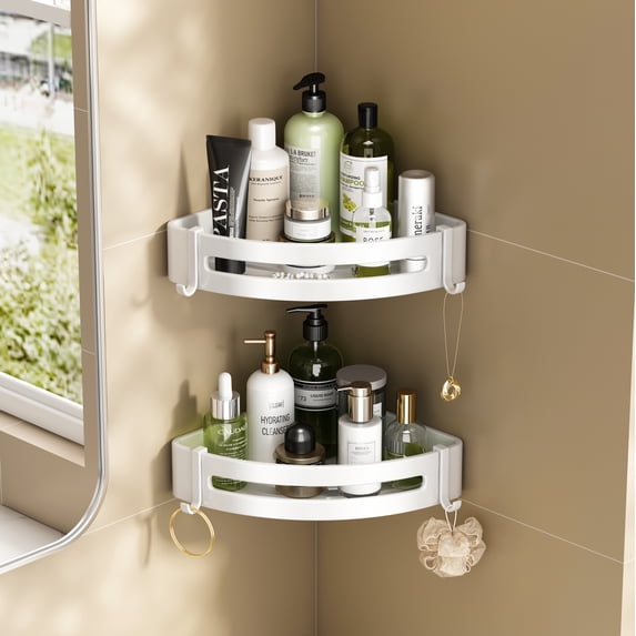 Adhesive Corner Shelf Bathroom Shower Caddy Corner - 2 Pack Corner Shower Caddy Bathroom Shelf with 4 Hooks Shower Organizer, White