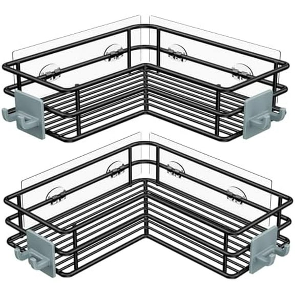 Adhesive Corner Shower Caddy Shelf Basket Rack with Hooks, Rust Proof Stainless Steel Bathroom Shelf Shampoo Holder No Drilling (Black)