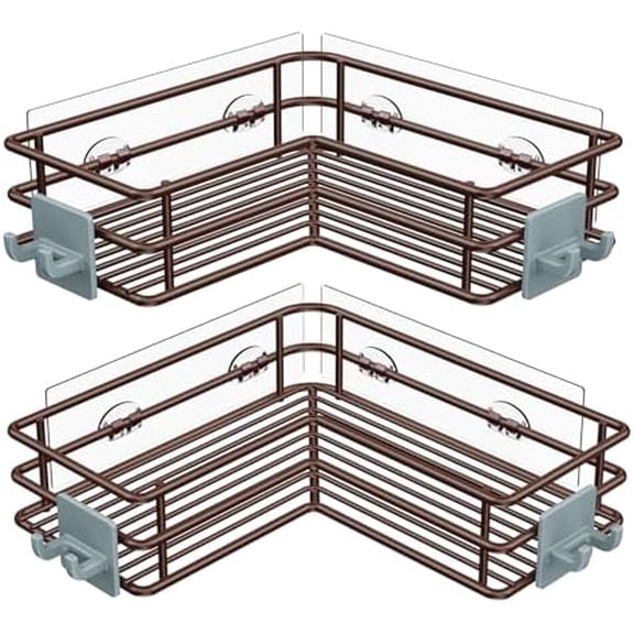 Adhesive Corner Shower Caddy Shelf Basket Rack with Hooks, Rust Proof Stainless Steel Bathroom Shelf Shampoo Holder No Drilling (Brown)