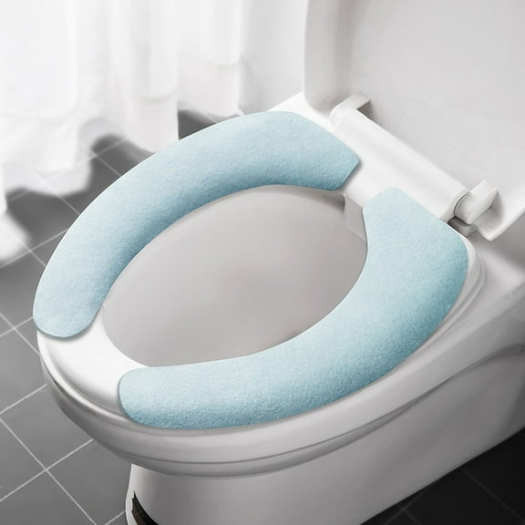 Adhesive Elongated Toilet Seat Cover Velvet Cushion Blue Plush Soft Washable Comfortable Toilet Pad for Extended Bathroom Seat Protector