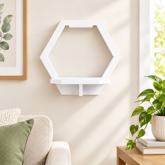 Hexagon Floating Shelf, 11.4 Inch White Wall Mount Decorative Shelf, Minimalist PVC, 1 Pack