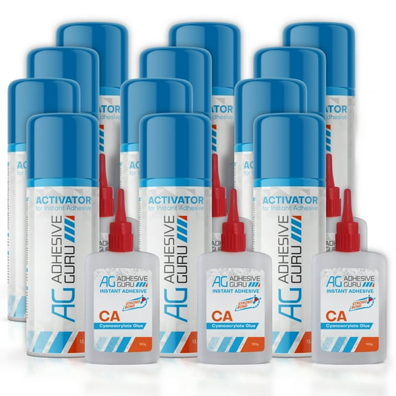 Adhesive Guru CA Glue with Activator (12 x 3.5 oz - 12 x 13.5 fl oz) Ca Glue Kit, 12 Pack