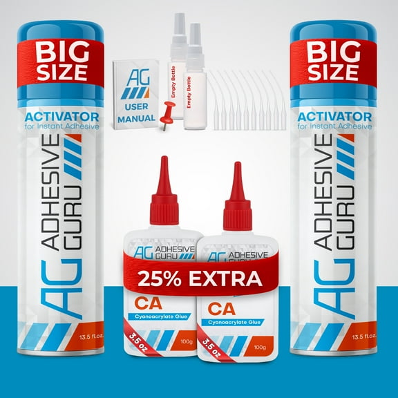 Adhesive Guru CA Glue with Activator (2 x 3.5 oz - 2 x 13.5 fl oz) Ca Glue Kit, 2 Pack