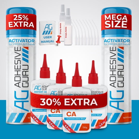 Adhesive Guru CA Glue with Activator (2 x 4.5 oz - 2 x 16.9 fl oz) Ca Glue Kit, 2 Pack