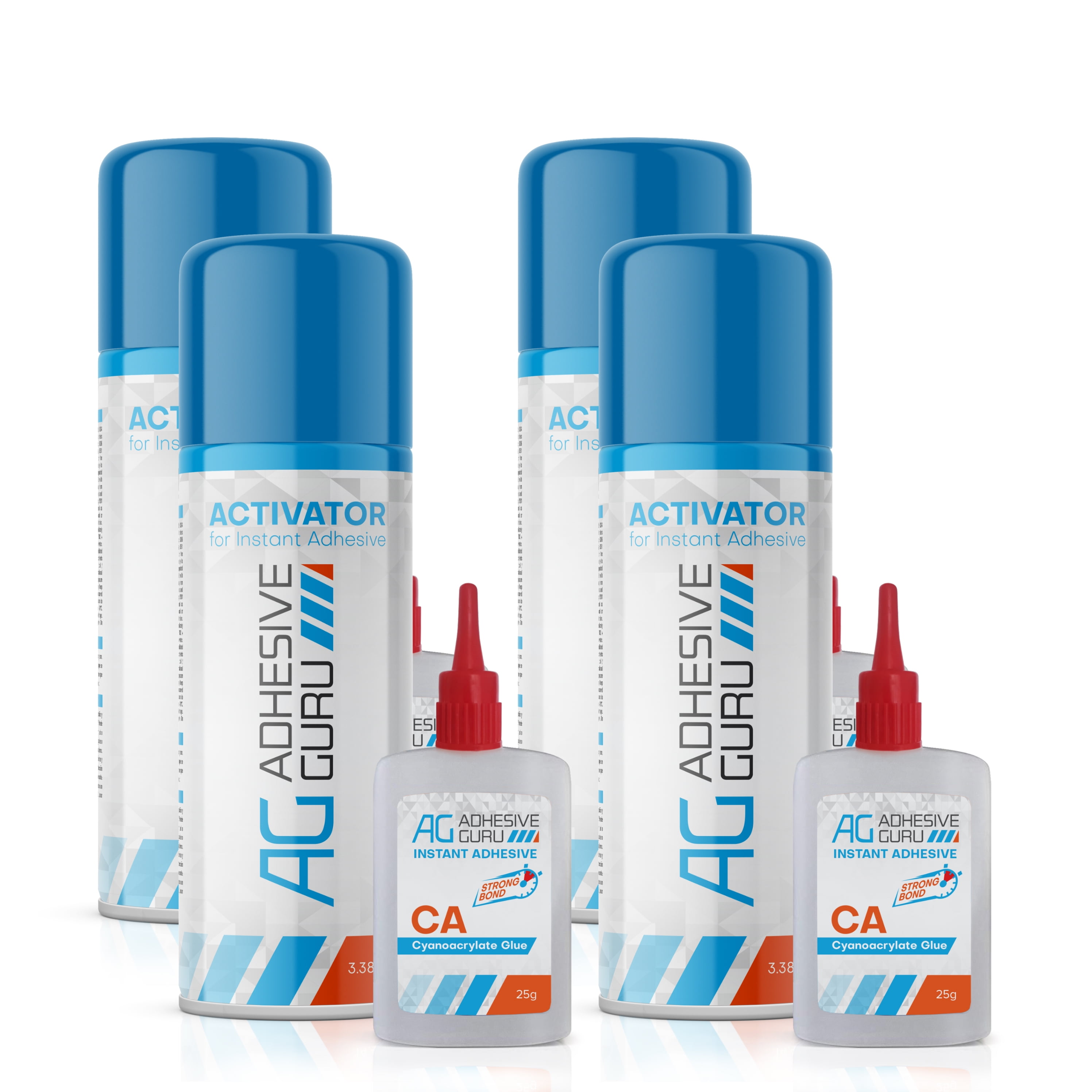 Adhesive Guru CA Glue with Activator (4 x 0.9 oz - 4 x 3.38 fl oz) CA Glue Kit (4 Pack)