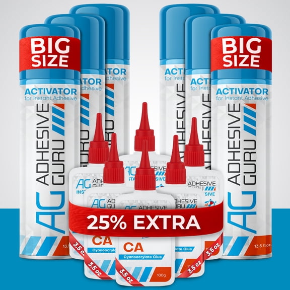Adhesive Guru CA Glue and Activator 6-Pack Kit (3.5 oz & 13.5 fl oz), Industrial Strength Instant Super Glue for Woodworking and DIY Crafts