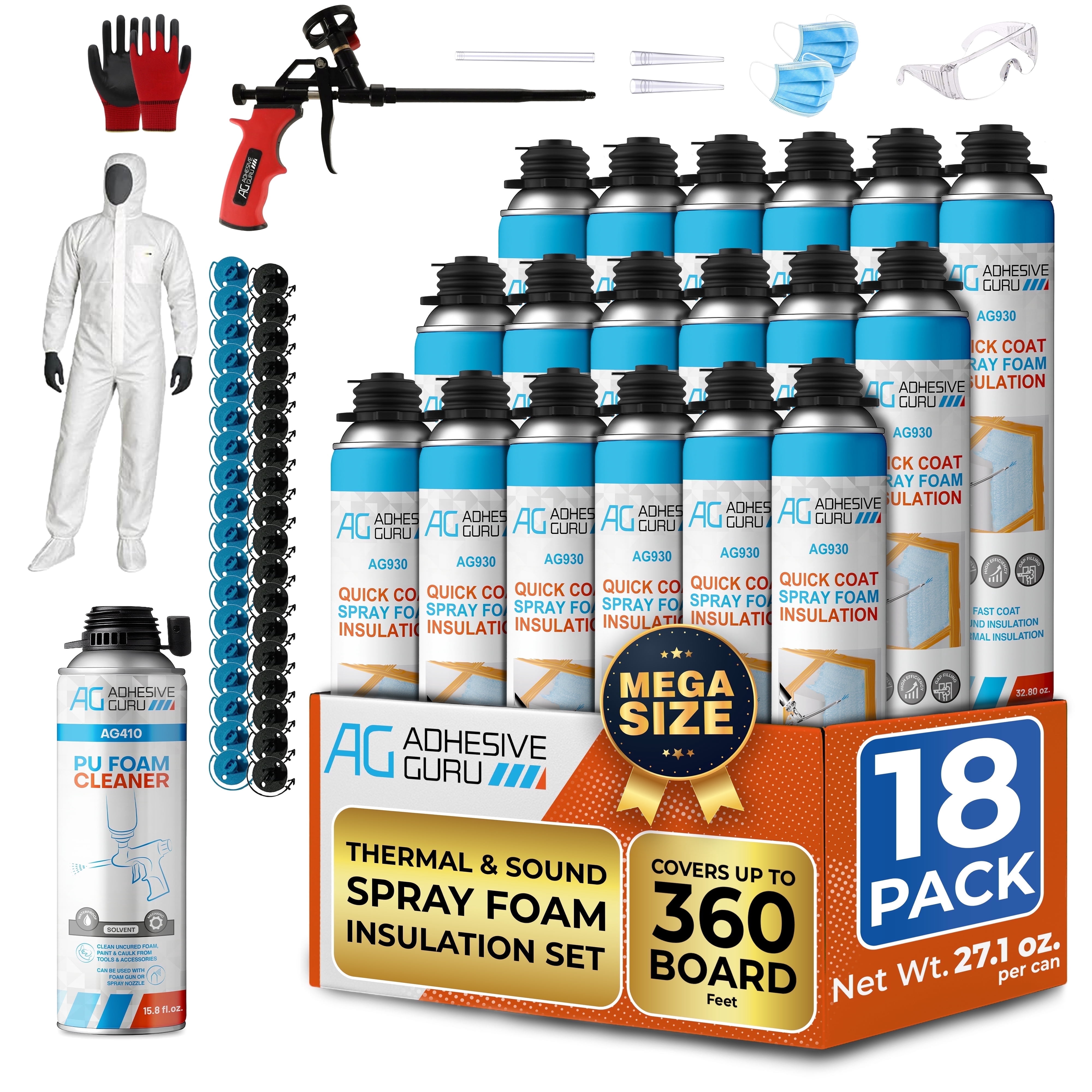 Adhesive Guru 18-Pack Closed Cell Polyurethane Spray Foam Insulation Kit, Mega Size Weatherproof Window & Door Insulation, 18 Cans with Gun and Cleaner, Blue