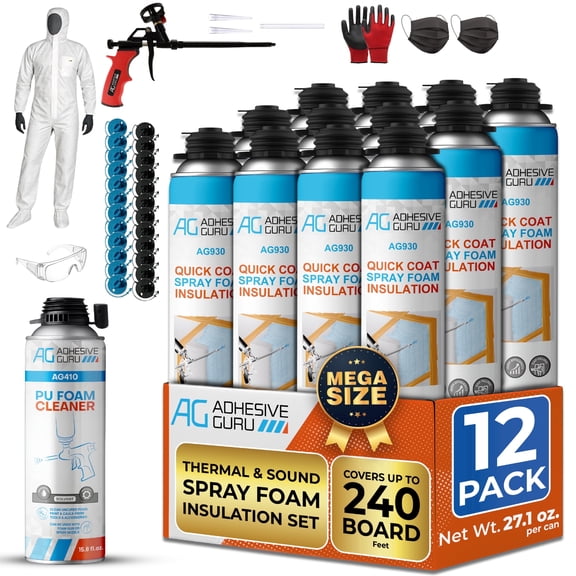 Adhesive Guru Spray Foam Insulation Kit, Self-Expanding Adhesive Foam, Closed-Cell Heat Insulation, 32.80 oz per can, 240 board feet, 12 pack