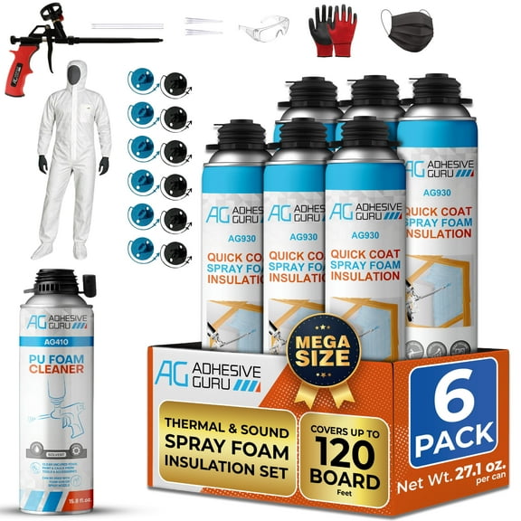 QuickCoat Closed Cell Spray Foam Insulation Kit for Wall–6x32.8oz(930g) Covers 120 Board Ft–DIY Expanding Sealant Set, Insulates Heat&Sound, Fills Gaps&Cracks–6 Foam Cans, Cleaner, Gun&Safety Gear